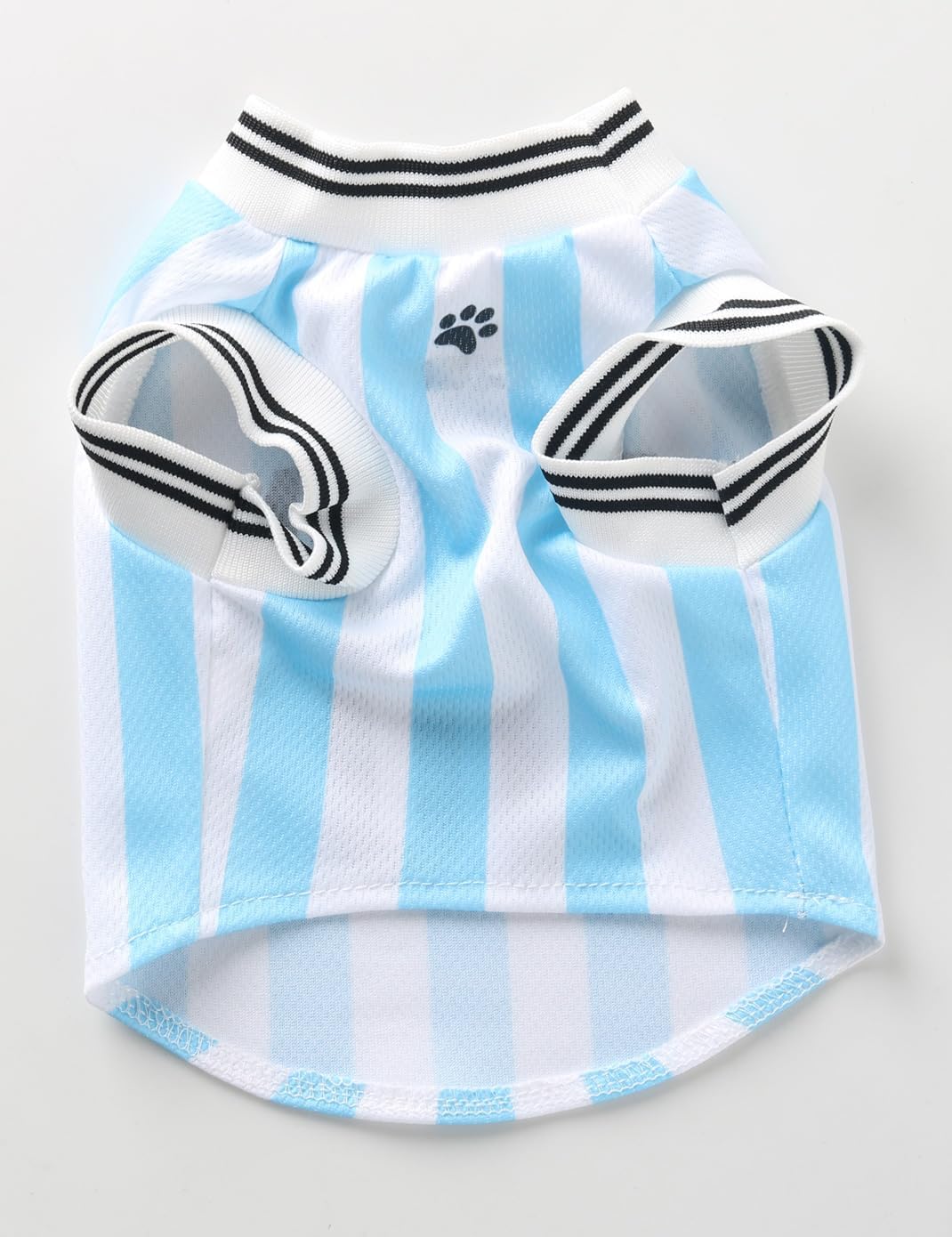 Blue and white striped dog football jersey with number 10
