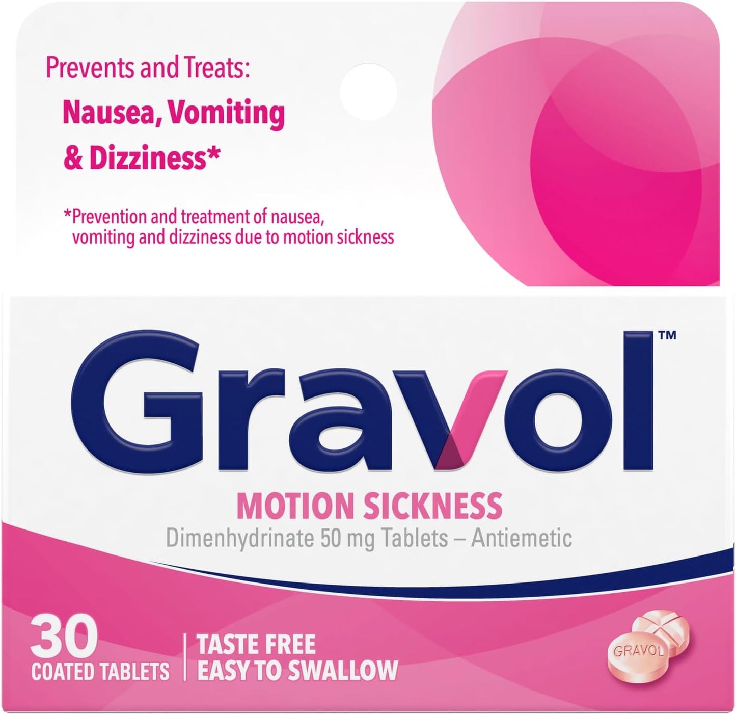 Gravol Motion Sickness Relief 50mg coated tablets front packaging for nausea prevention