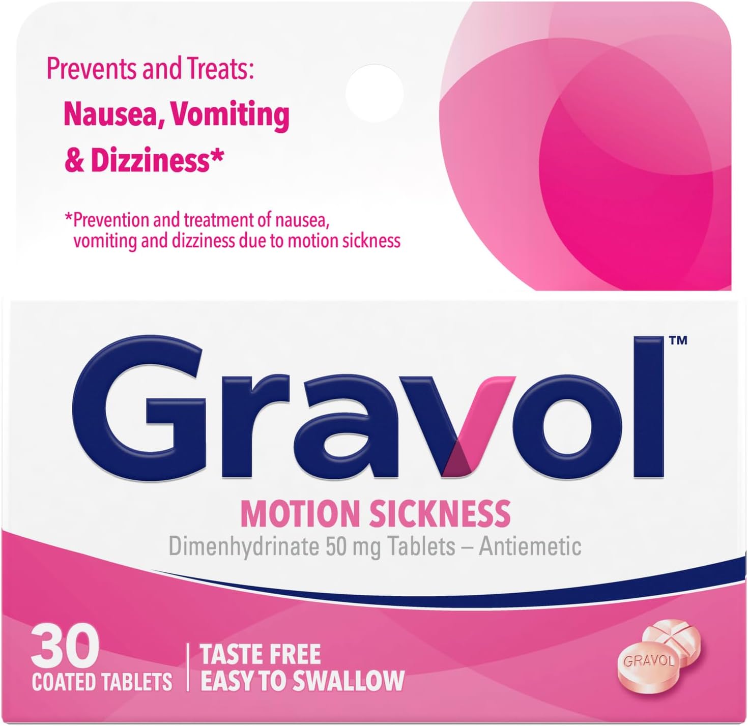 Gravol Motion Sickness Relief 50mg coated tablets front packaging for nausea prevention