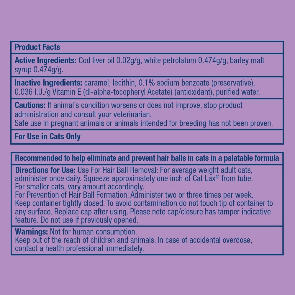 Dechra CatLax hairball remedy tube showcasing ingredients and directions.