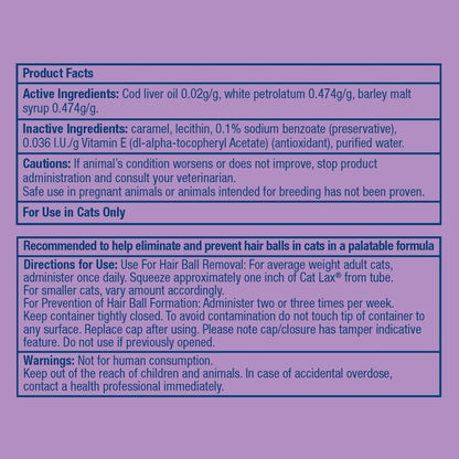 Dechra CatLax hairball remedy tube showcasing ingredients and directions.