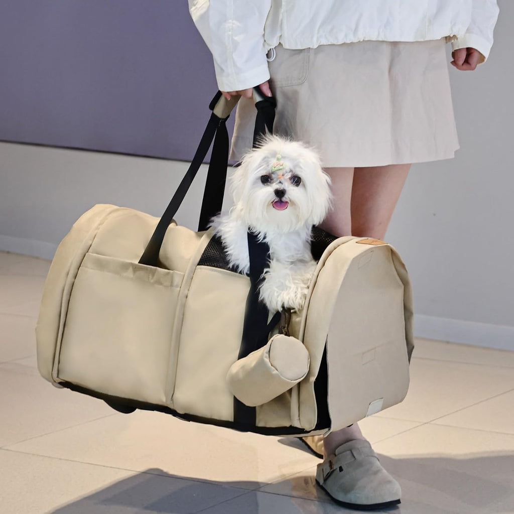 Side angle of khaki dog travel backpack highlighting deep storage pockets