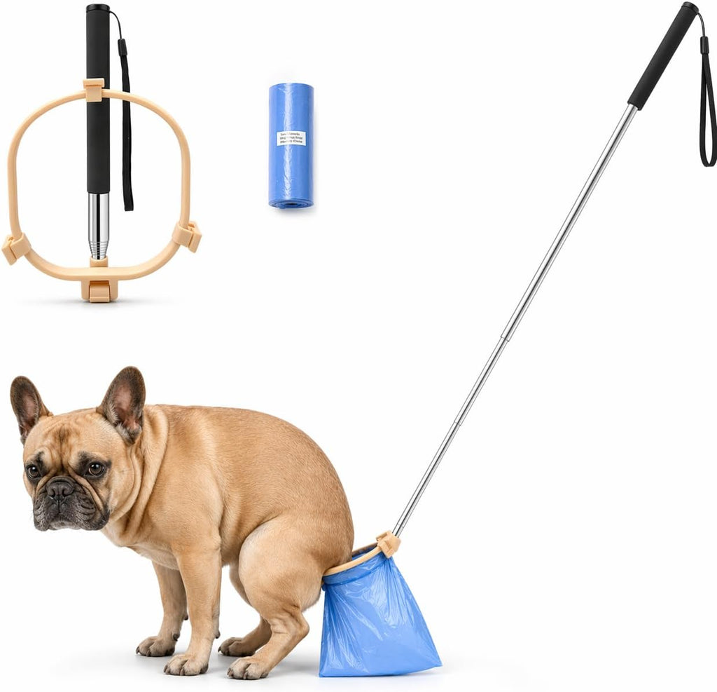 Generic foldable dog pooper scooper front view showing the extendable stainless steel rod.