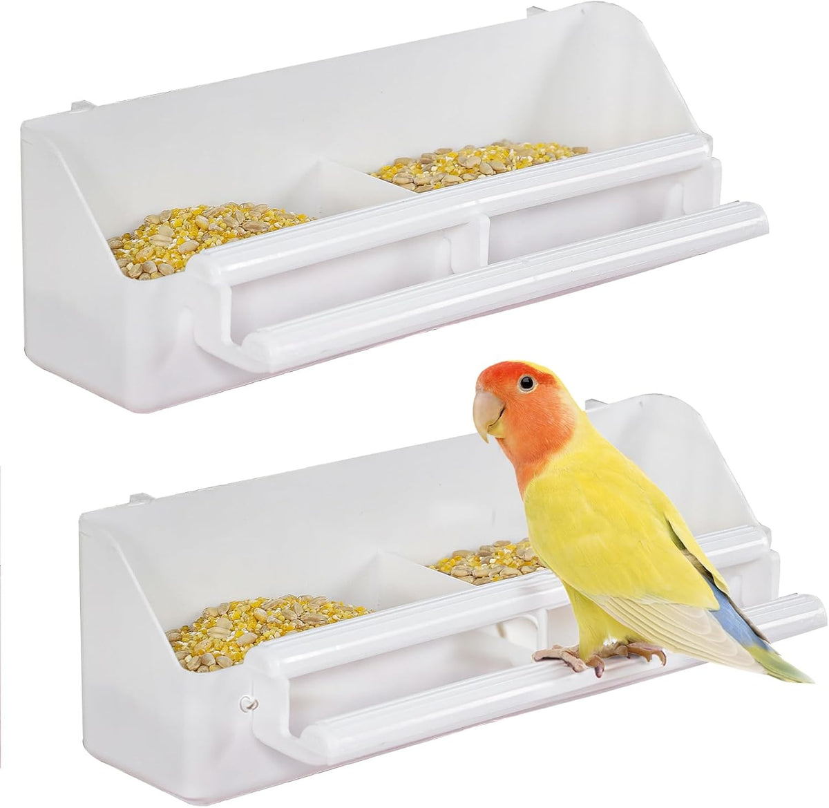 Pawfly bird feeder front view showing dual compartments and perches