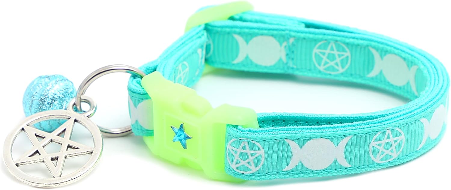 Wicca Cat Collar with Occult Charm & Bell | Witch's Familiar on Pentacle Cat Collar | Witch Kitten Collar Charms | Glow in The Dark | Safety Breakaway Collar (Small(10lbs & Less), Sapphire) - Image 10