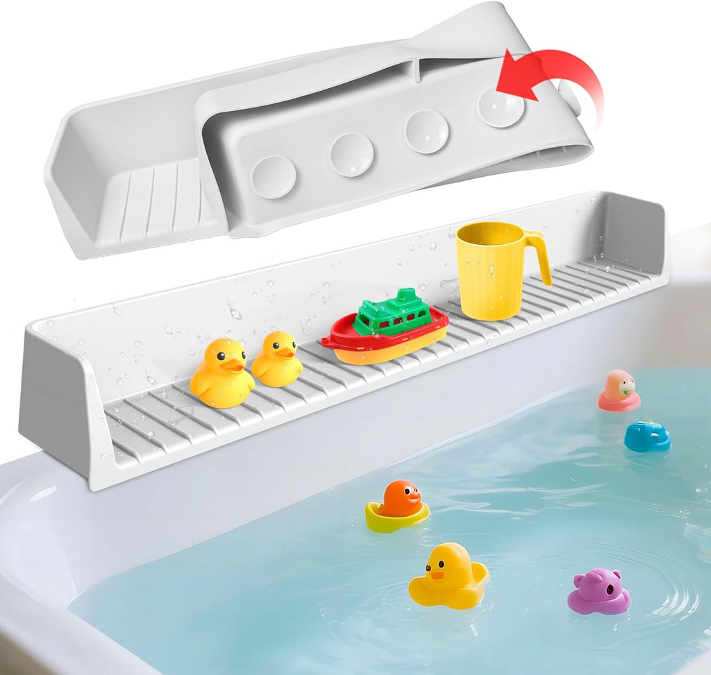Funny Old Man Silicone Bathtub Splash Guard front view showing gray color and wide play shelf.