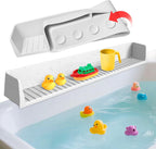 Funny Old Man Silicone Bathtub Splash Guard front view showing gray color and wide play shelf.