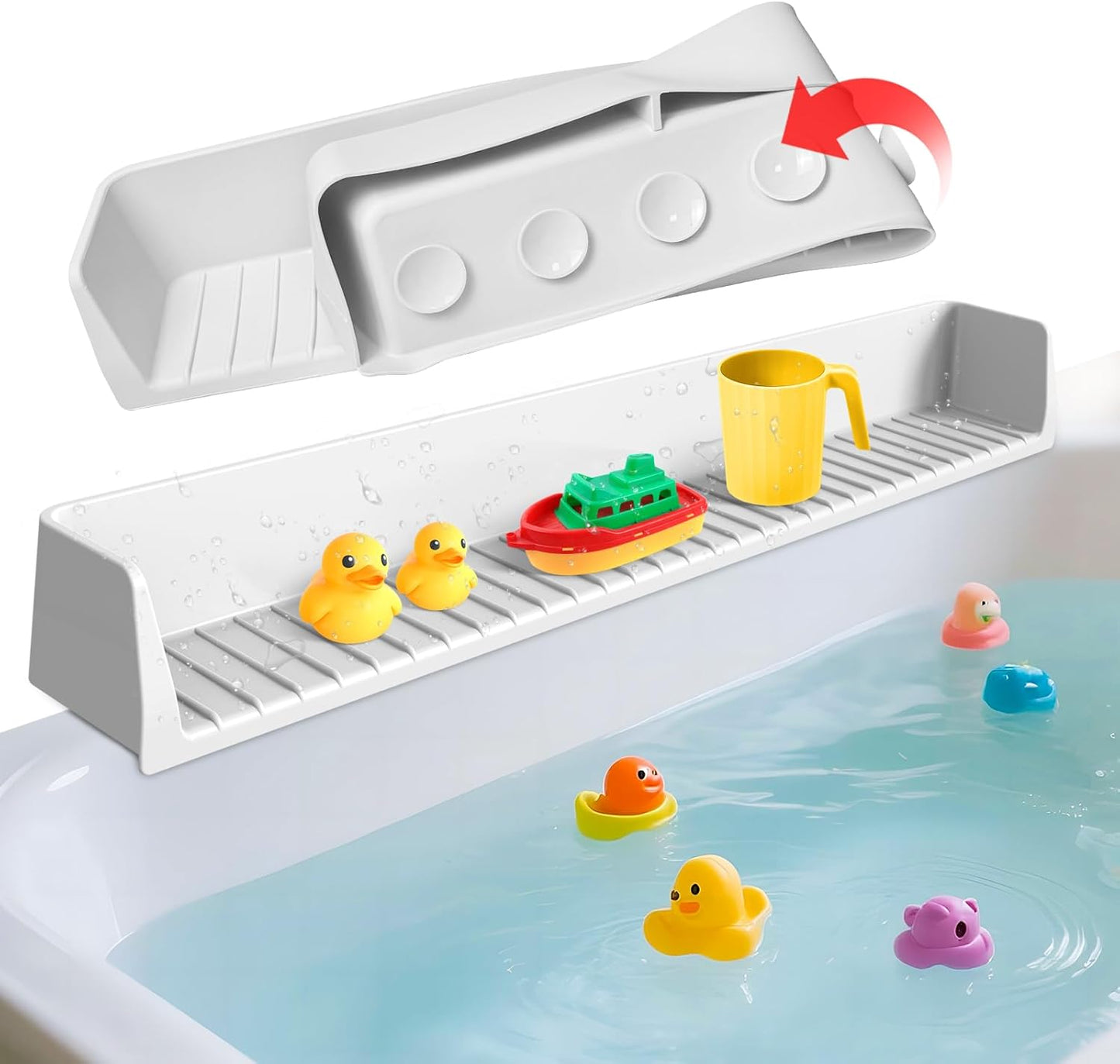 Funny Old Man Silicone Bathtub Splash Guard front view showing gray color and wide play shelf.