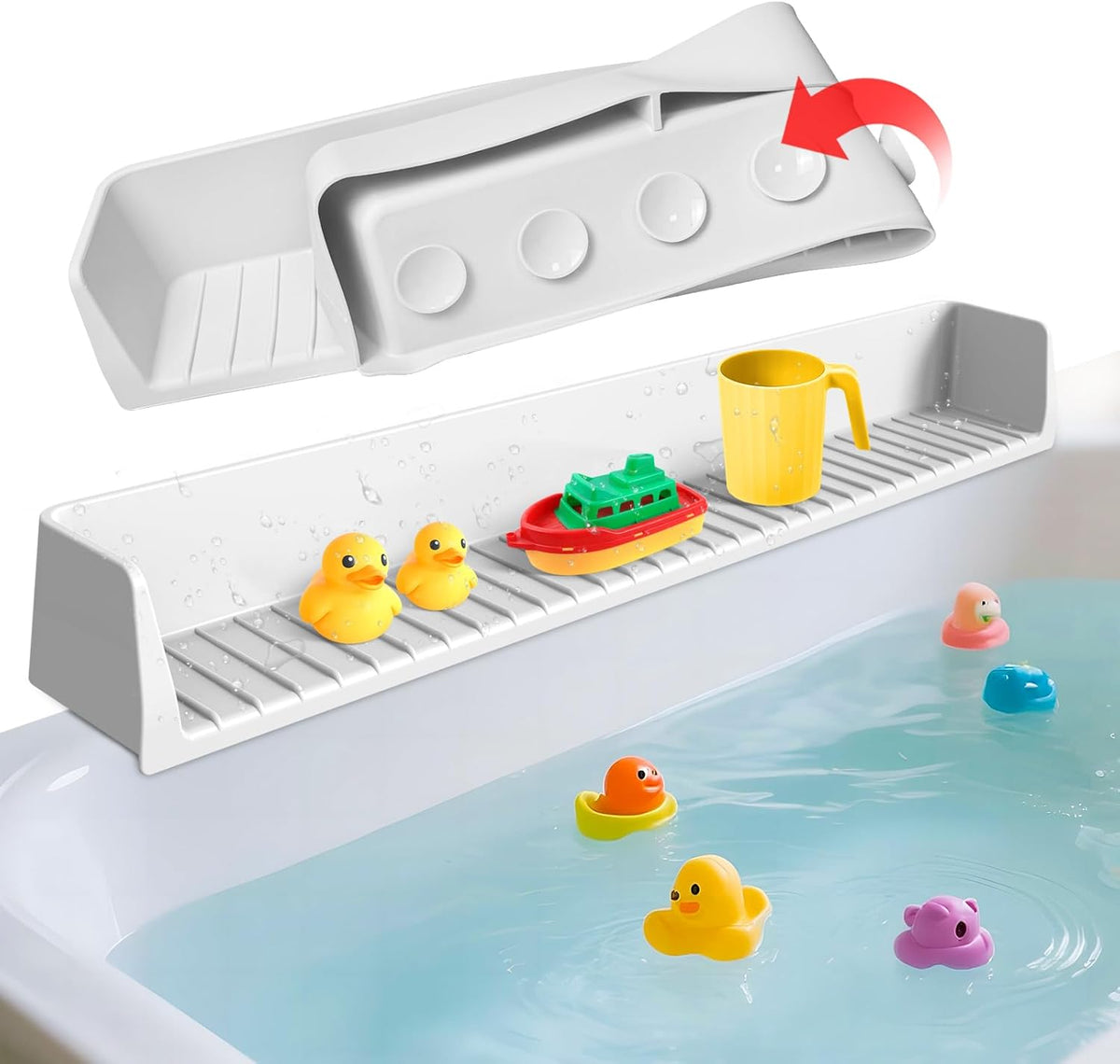 Funny Old Man Silicone Bathtub Splash Guard front view showing gray color and wide play shelf.