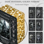 Gothic inspired black and white stained glass tarot deck featuring gold gilded edges
