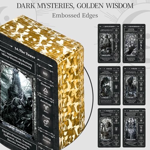 Gothic inspired black and white stained glass tarot deck featuring gold gilded edges