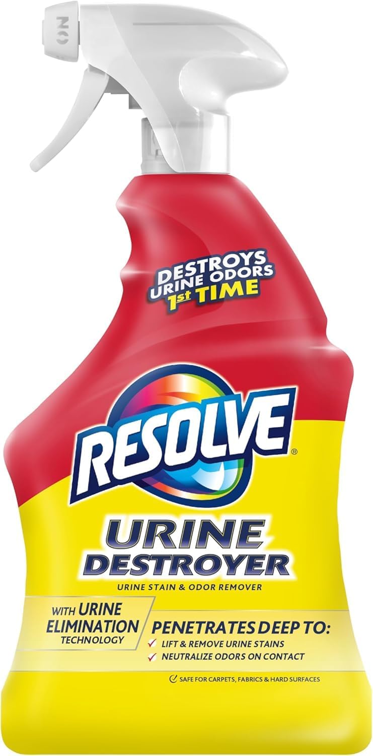 Resolve pet specialist urine cleaner showing the spray nozzle and product details.