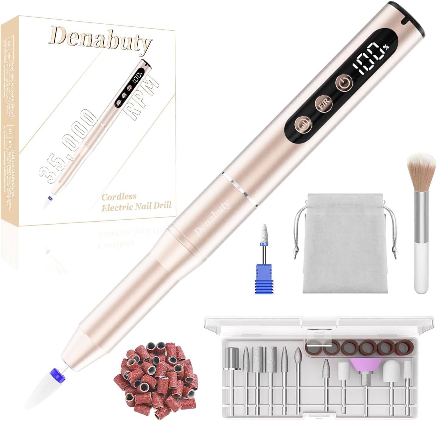 Denabuty cordless electric nail drill machine front view golden