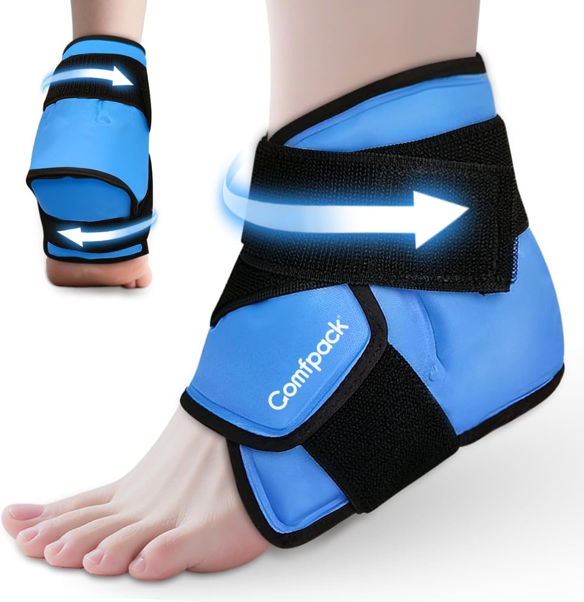 Comfpack heel and ankle ice pack wrap front view for pain relief