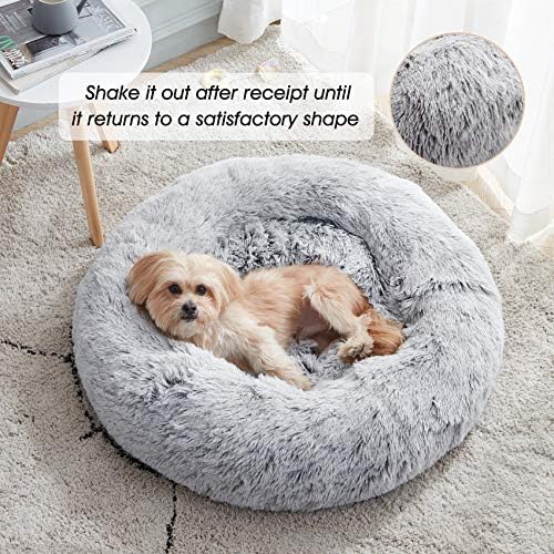 WESTERN HOME WH Calming Soft Round Dog & Cat Bed, Anti-Anxiety Donut Cuddler Warming Cozy Fluffy Faux Fur Plush Cushion Bed for Small Medium Dogs and Cats (20"/24"/27"/30"), Light Grey - Image 4