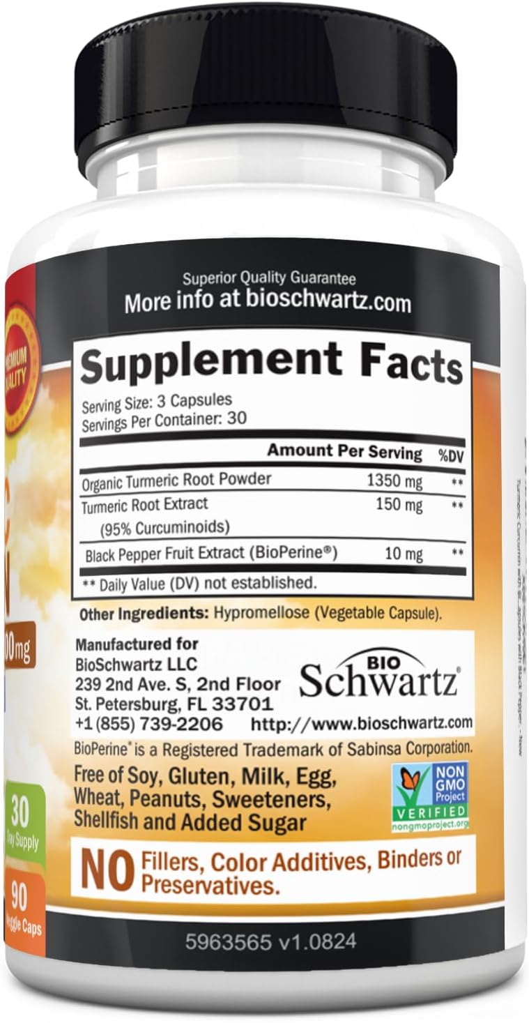 Group shot of BioSchwartz turmeric supplement capsules on a clean surface