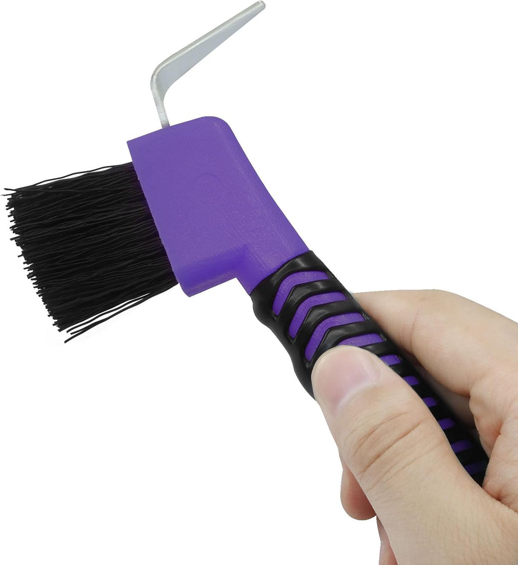 Litoexpe purple horse hoof pick brush angled view demonstrating the ergonomic stable maintenance design