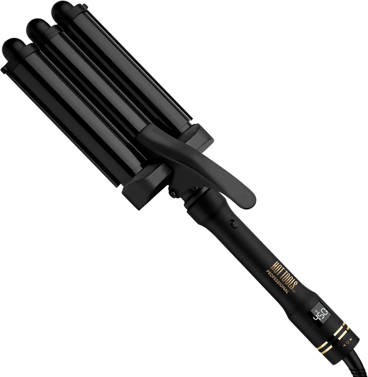Hot Tools Pro Artist Black Gold Digital 3 Barrel Jumbo Hair Waver front view showcasing the triple barrel styling system.