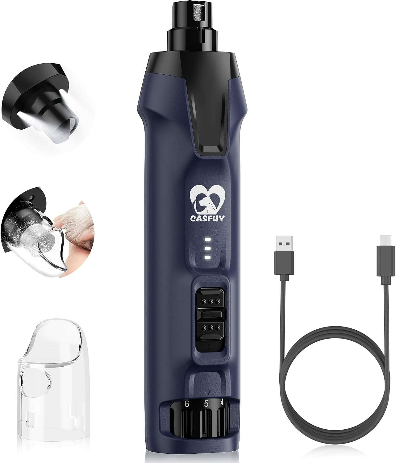 Casfuy 6-Speed Dog Nail Grinder - 50%+ Boost Power Dog Nail Trimmers Quiet with Dust Cap & 2 LED Lights & 2000mAh Battery & 4.8V Motor Electric Pet Toenail File Tool for Large Medium Small Dogs Cats - Image 9