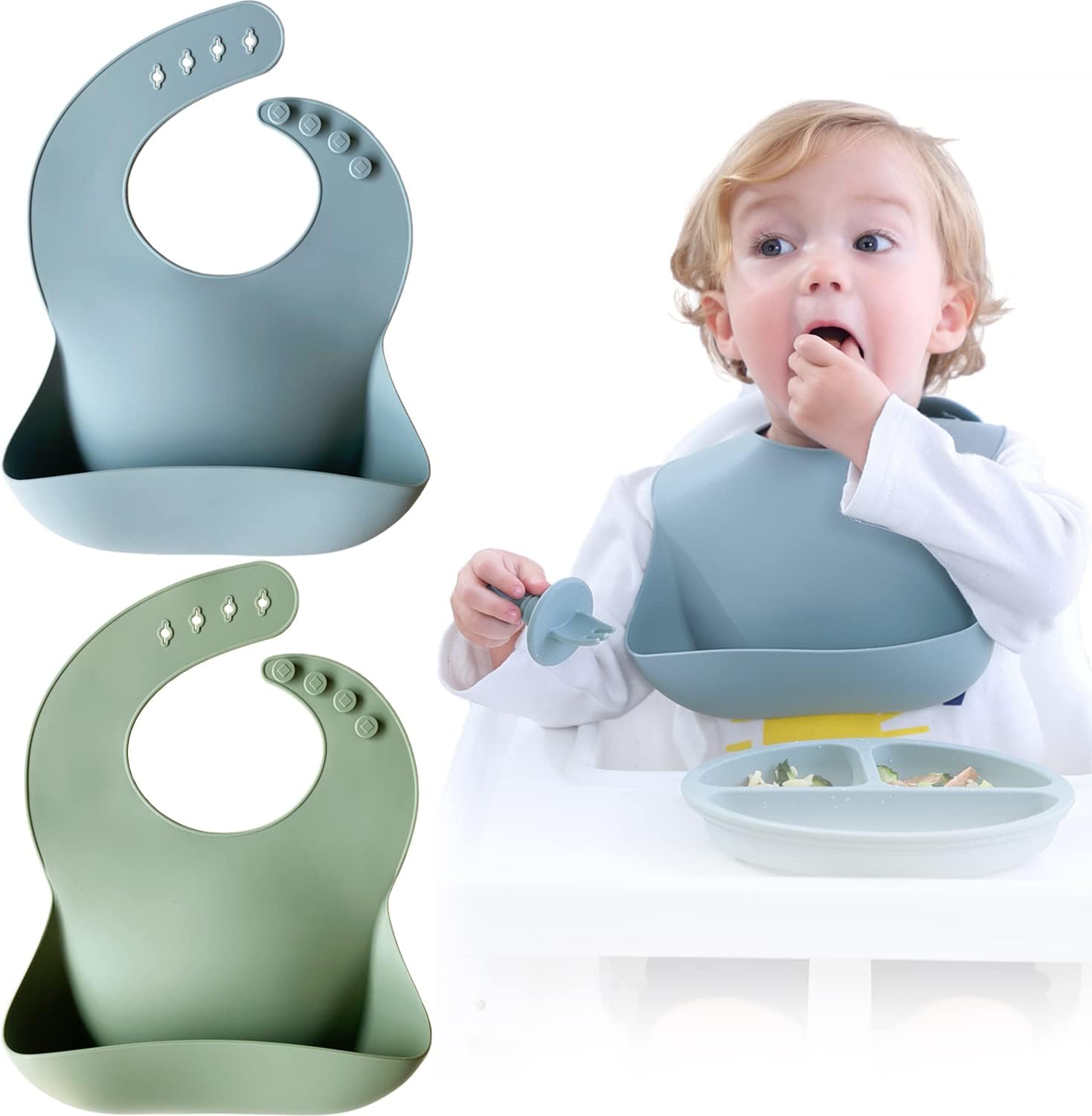 Moonkie Silicone Baby Bibs Two Pack front view of ether and sage colored feeding bibs with food catcher pockets