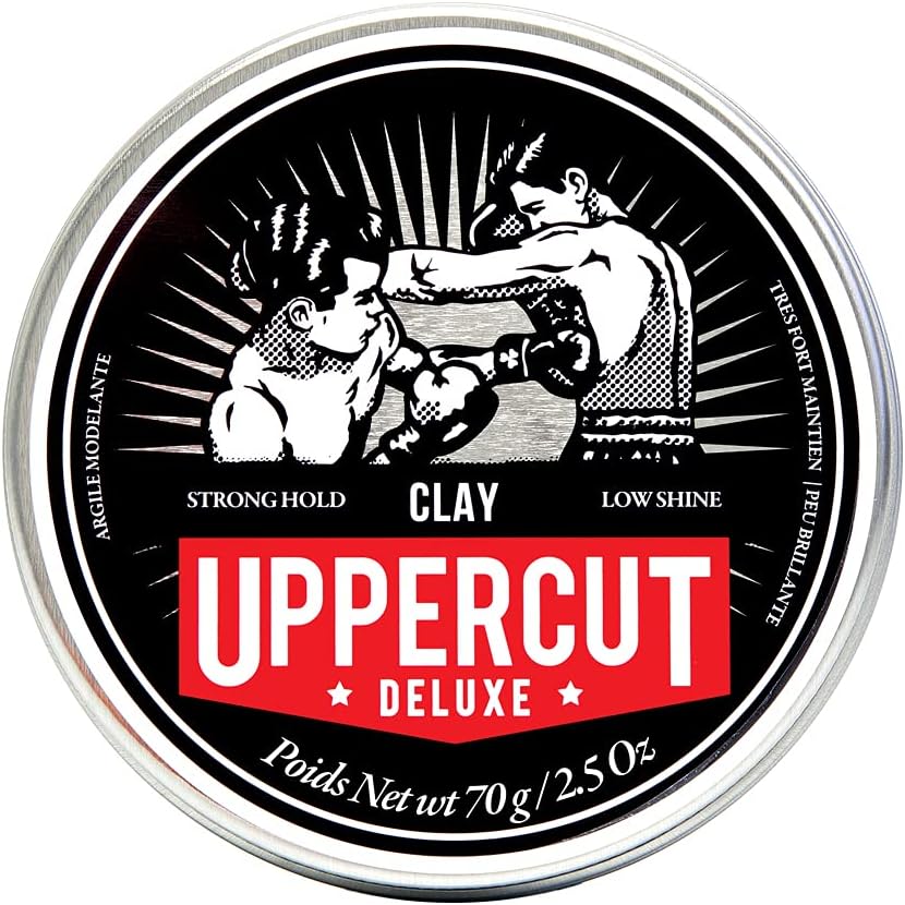 Uppercut Deluxe Clay 2.5 Ounces front view tin containing strong hold matte hair pomade.