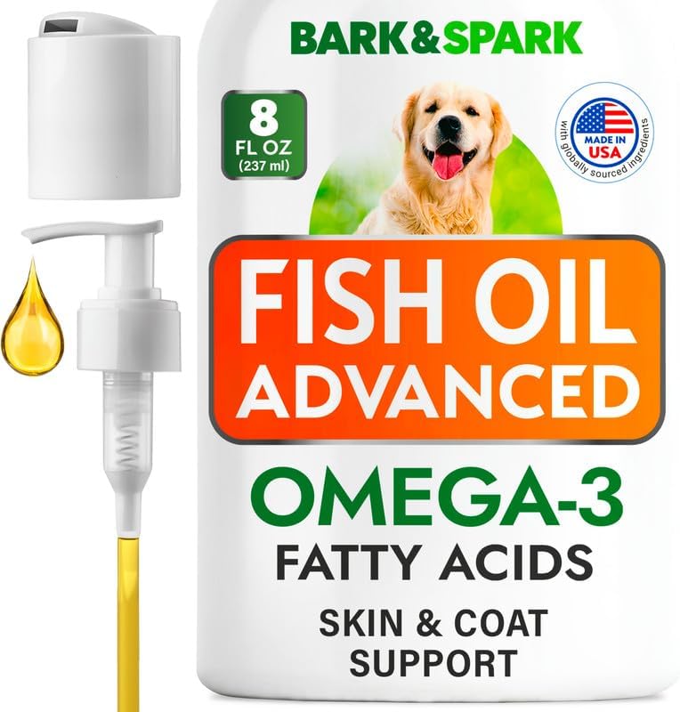 Bark And Spark Fish Oil Advanced Omega 3 liquid supplement bottle with pump dispenser for dog and cat skin and coat care.