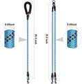 Close up of the three hundred sixty degree swivel tangle free clasp on the light blue dual dog lead