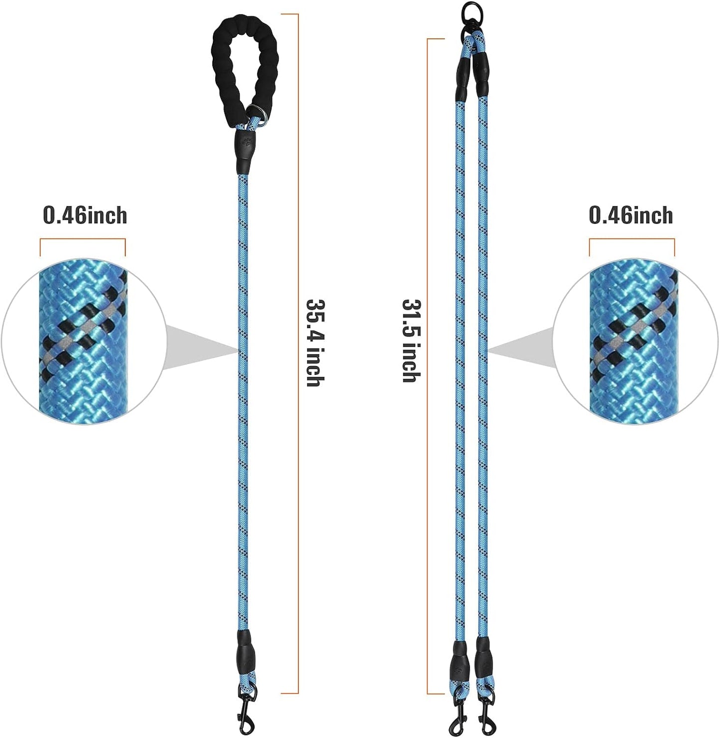 Close up of the three hundred sixty degree swivel tangle free clasp on the light blue dual dog lead