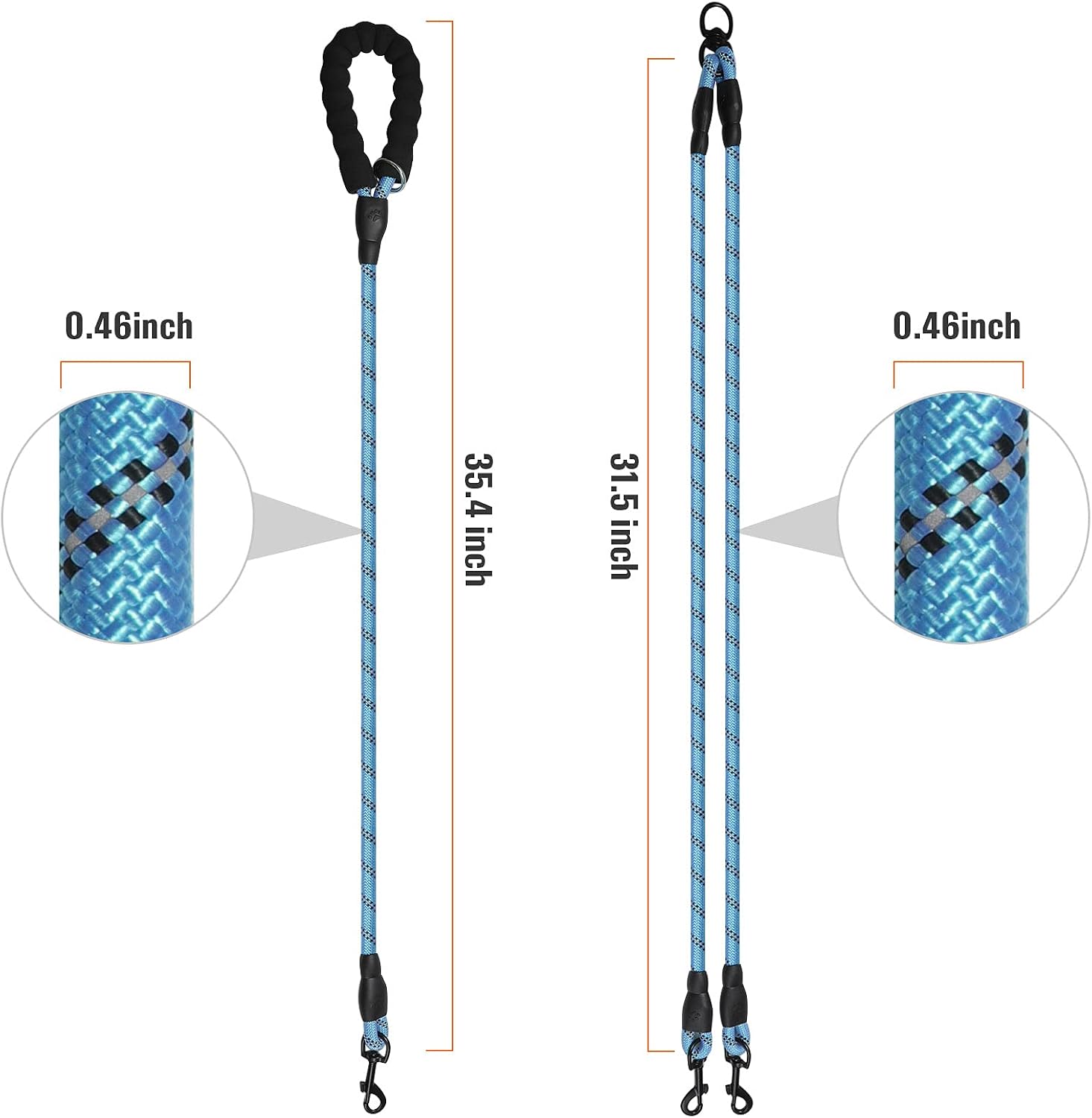 Close up of the three hundred sixty degree swivel tangle free clasp on the light blue dual dog lead