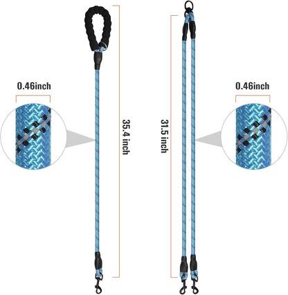 Close up of the three hundred sixty degree swivel tangle free clasp on the light blue dual dog lead