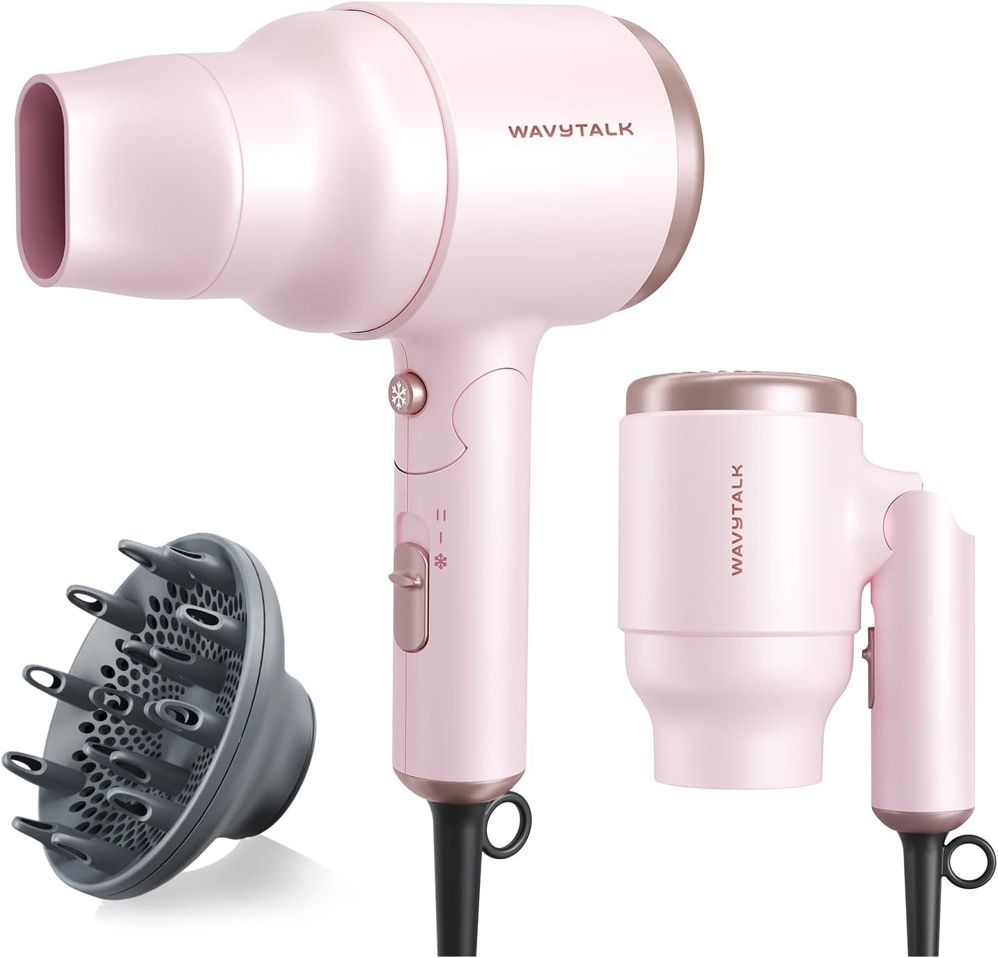 Wavytalk mini hair dryer in pinky white shown from the front with its handle unfolded and styling nozzle attached.