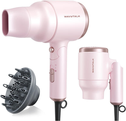 Wavytalk mini hair dryer in pinky white shown from the front with its handle unfolded and styling nozzle attached.