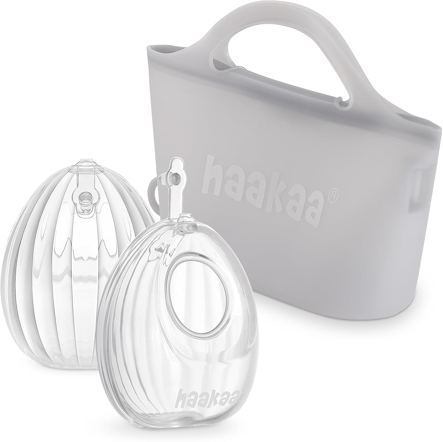 Haakaa Wearable Silicone Breast Pump front view of two-pack shell pumps and sterilizer bag