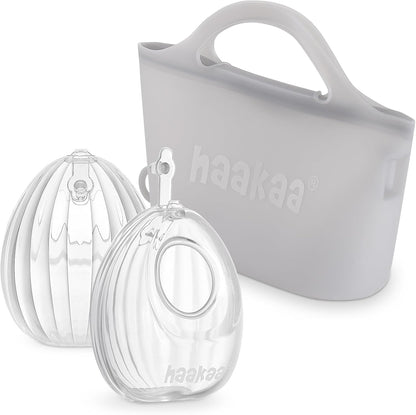 Haakaa Wearable Silicone Breast Pump front view of two-pack shell pumps and sterilizer bag