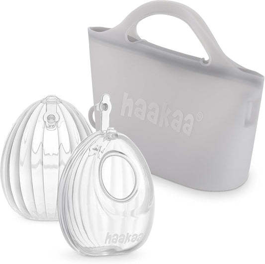 Haakaa Wearable Silicone Breast Pump front view of two-pack shell pumps and sterilizer bag