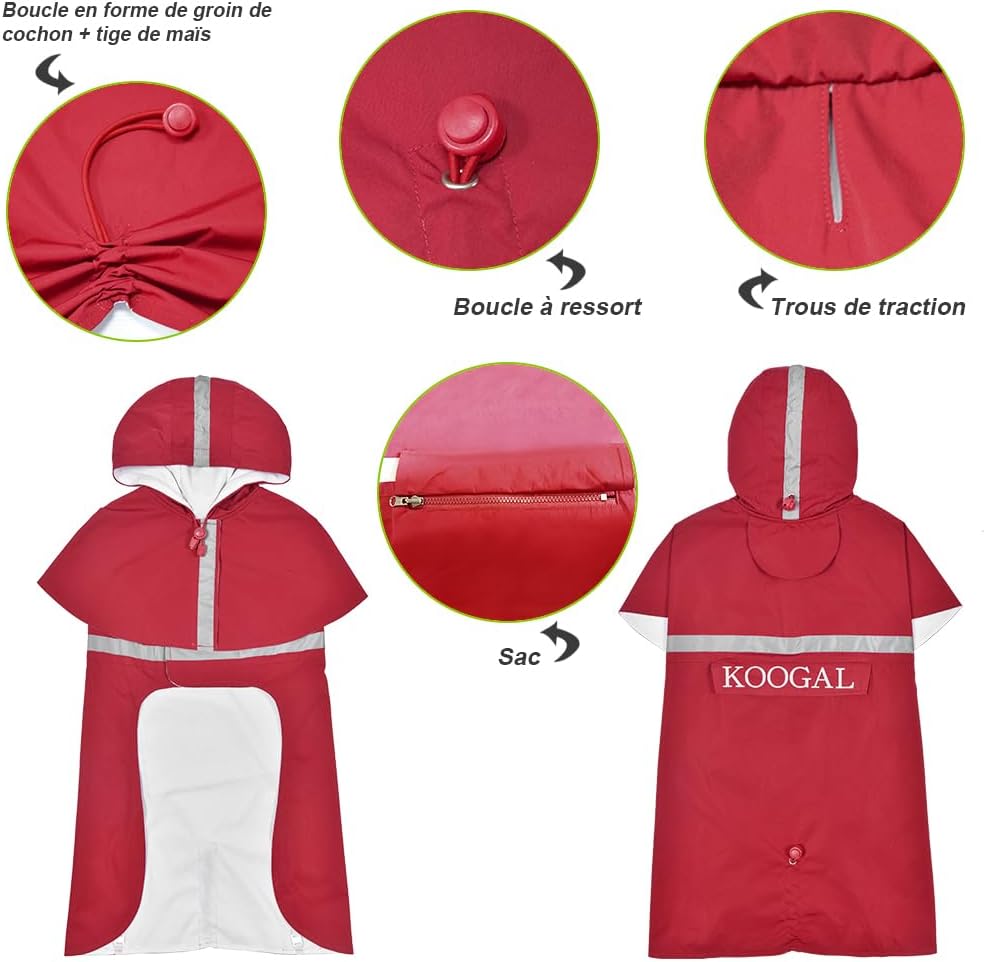 Koogal red dog rain jacket adjustable hood buckles details