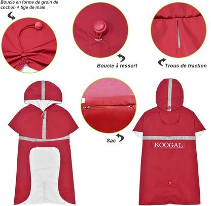 Koogal red dog rain jacket adjustable hood buckles details