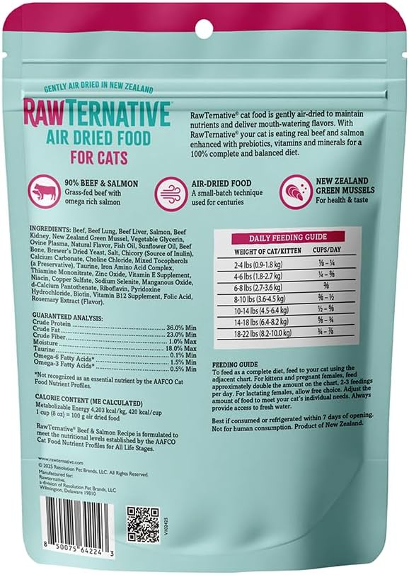 Close up of RawTernative air-dried beef and salmon cat food kibble texture