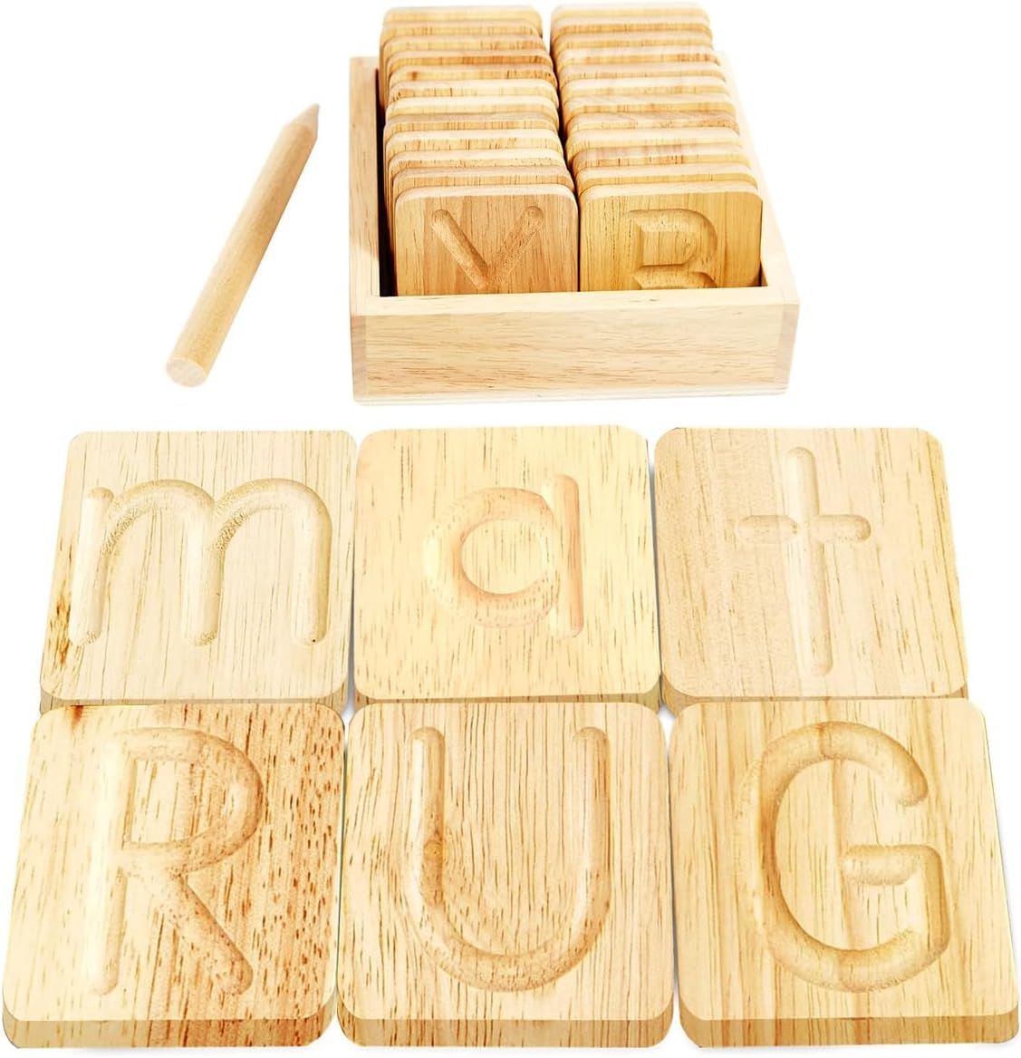 Montessori And Me Wooden Alphabet Tracing Boards front view showing uppercase letters and wooden stylus.