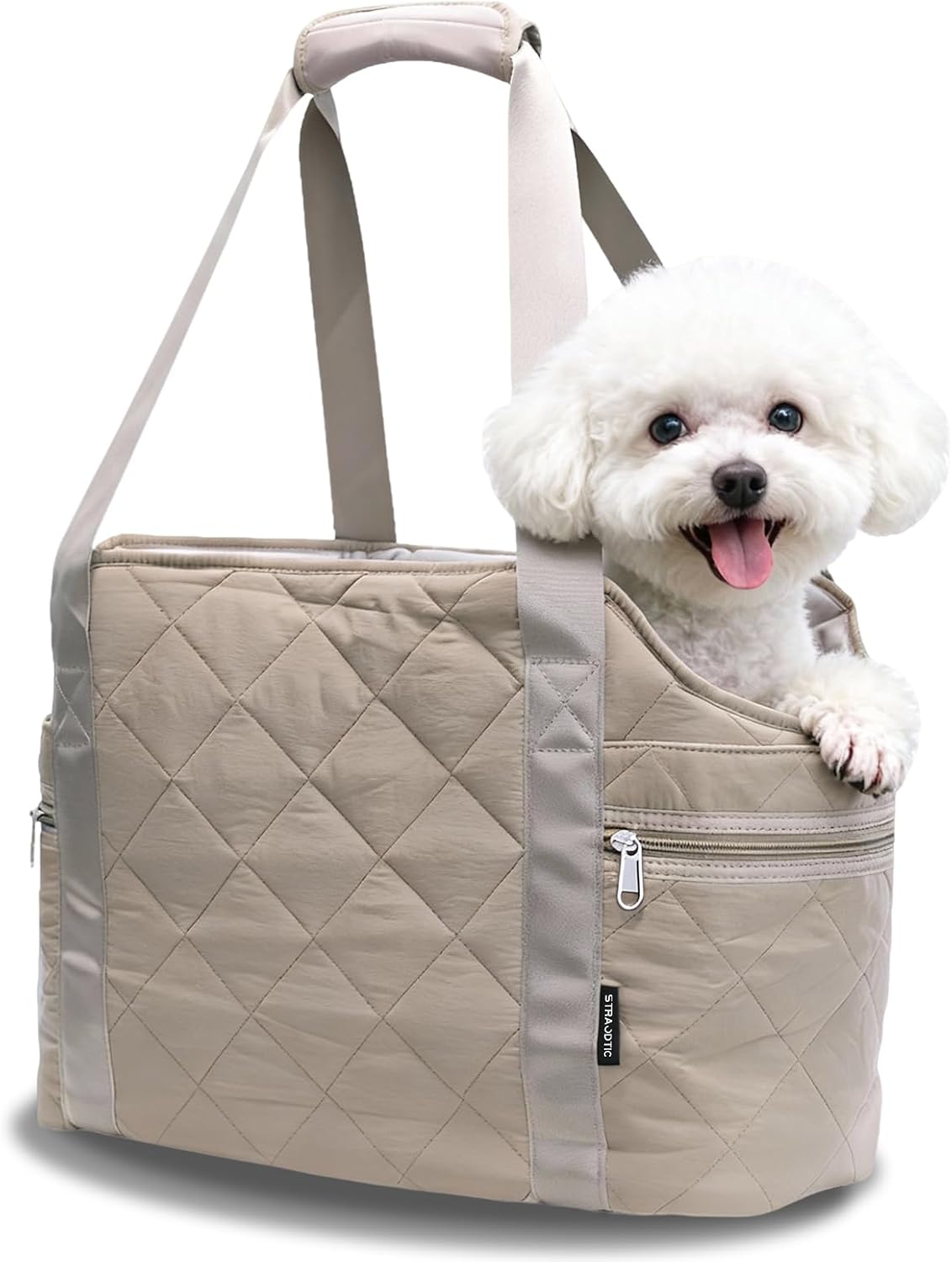 Lifestyle shot of puppy inside Straodtic dog travel tote