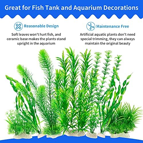 Assorted heights of green fake fish tank plants displayed side by side