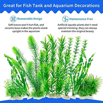 Assorted heights of green fake fish tank plants displayed side by side
