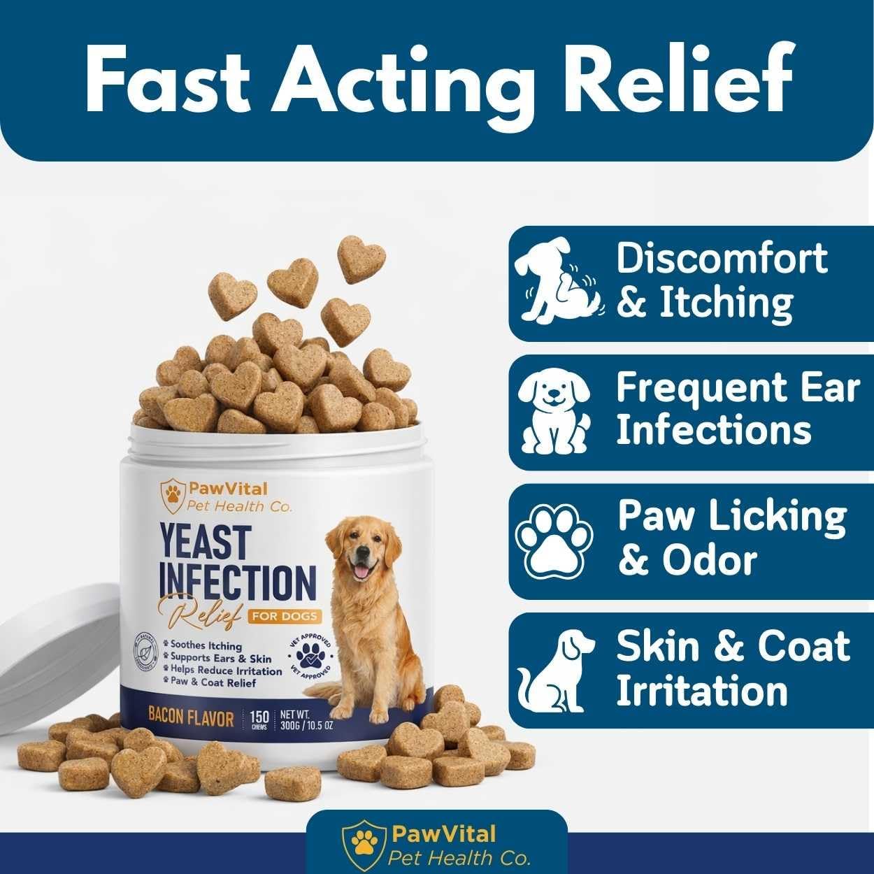 PawVital anti yeast dog supplement for itchy skin and ear irritation relief.