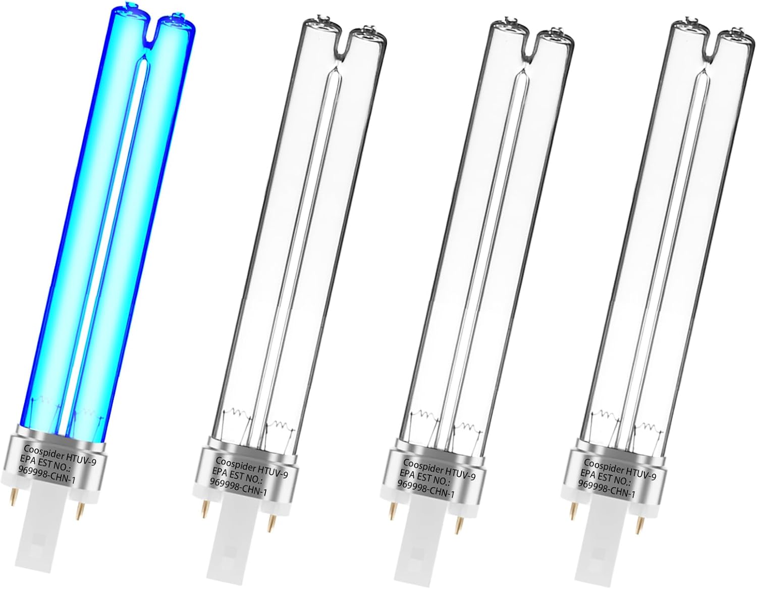 Coospider Repta 4 Pack 9 Watt UVC Replacement Bulbs front view showcasing the two pin G23 base design.