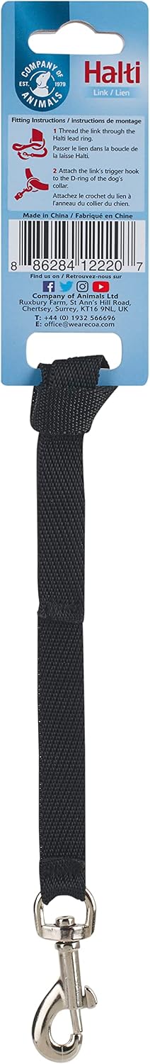 Halti Link safety strap front view showing durable black nylon material and metal clip