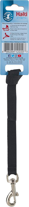 Halti Link safety strap front view showing durable black nylon material and metal clip