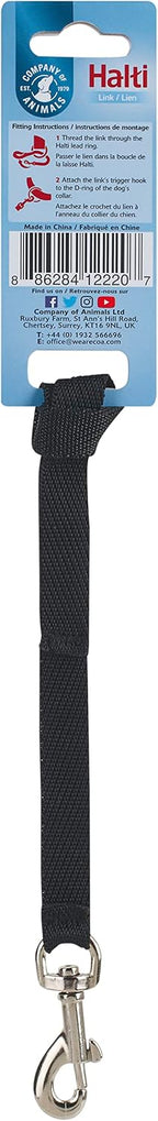 Halti Link safety strap front view showing durable black nylon material and metal clip