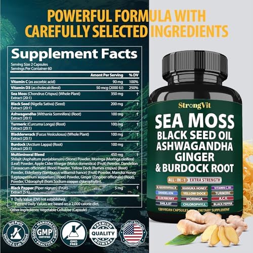 Gujisa StrongVit multi-mineral vegan capsules bottle showing non-GMO and gluten-free certification seals.