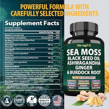 Gujisa StrongVit multi-mineral vegan capsules bottle showing non-GMO and gluten-free certification seals.