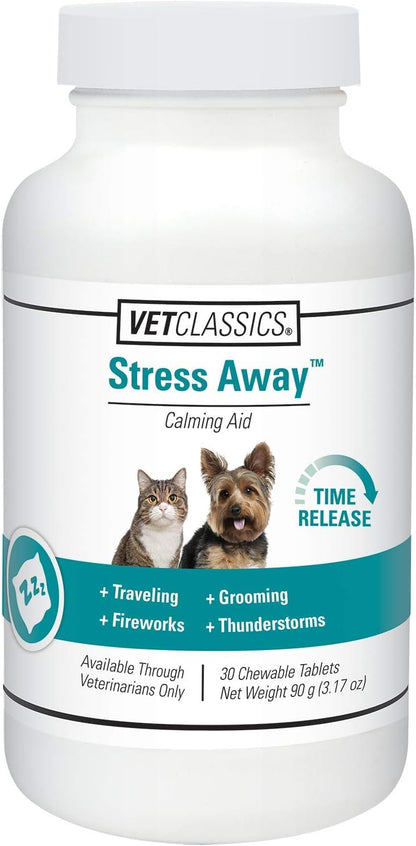 Product container highlighting the dual action formula benefits for pet sensitive stomachs and relaxation